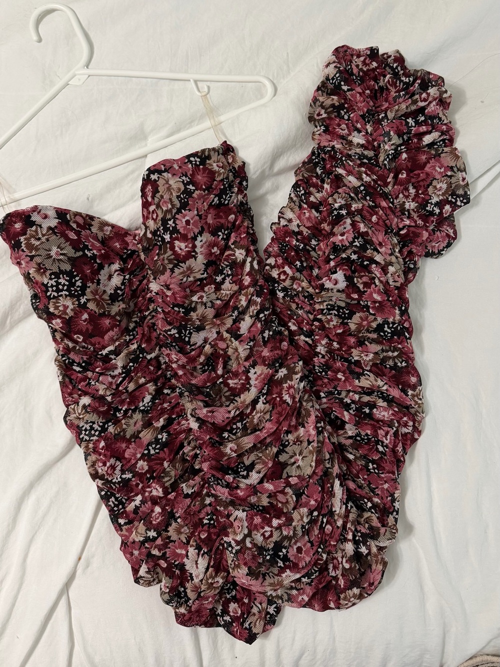 Strapless floral mesh dress with bra padding (vacation, formal, tube dress)